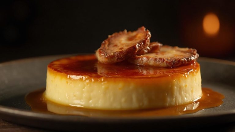 Dessert crémeux avec caramel doré et tranches de fruit caramélisées