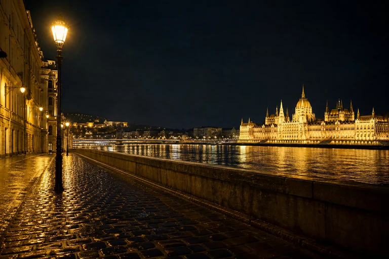 Rue de Budapest la nuit, calme et bien éclairée, symbole de sécurité touristique