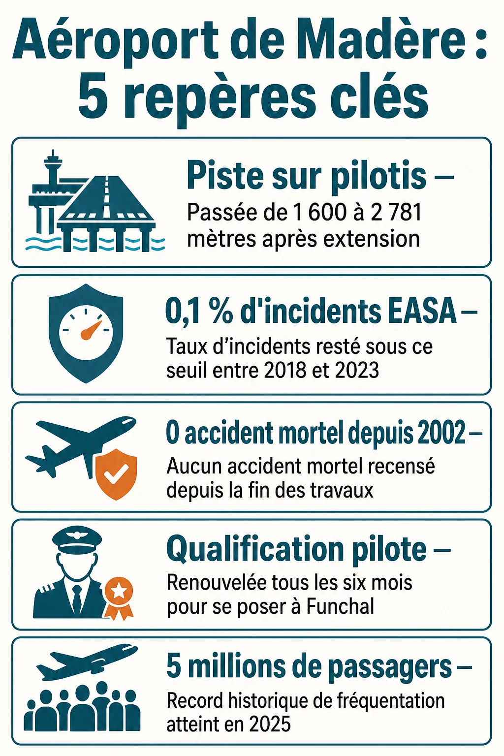 Aéroport de Madère : 5 repères clés : Piste sur pilotis, 0,1 % d'incidents EASA, 0 accident mortel depuis 2002, Qualification pilote, 5 millions de passagers