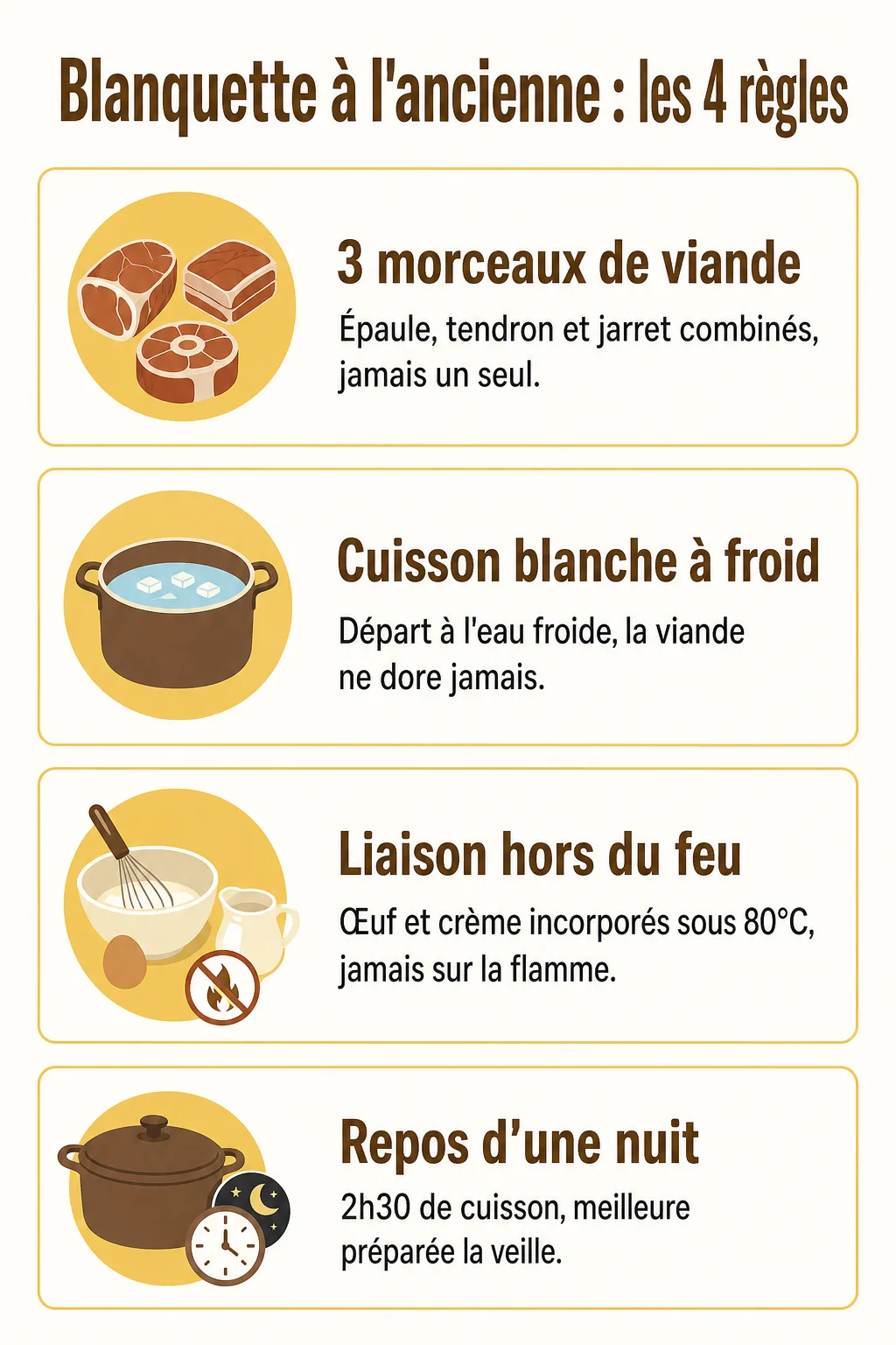 Blanquette à l'ancienne : les 4 règles : 3 morceaux de viande, Cuisson blanche à froid, Liaison hors du feu, Repos d'une nuit