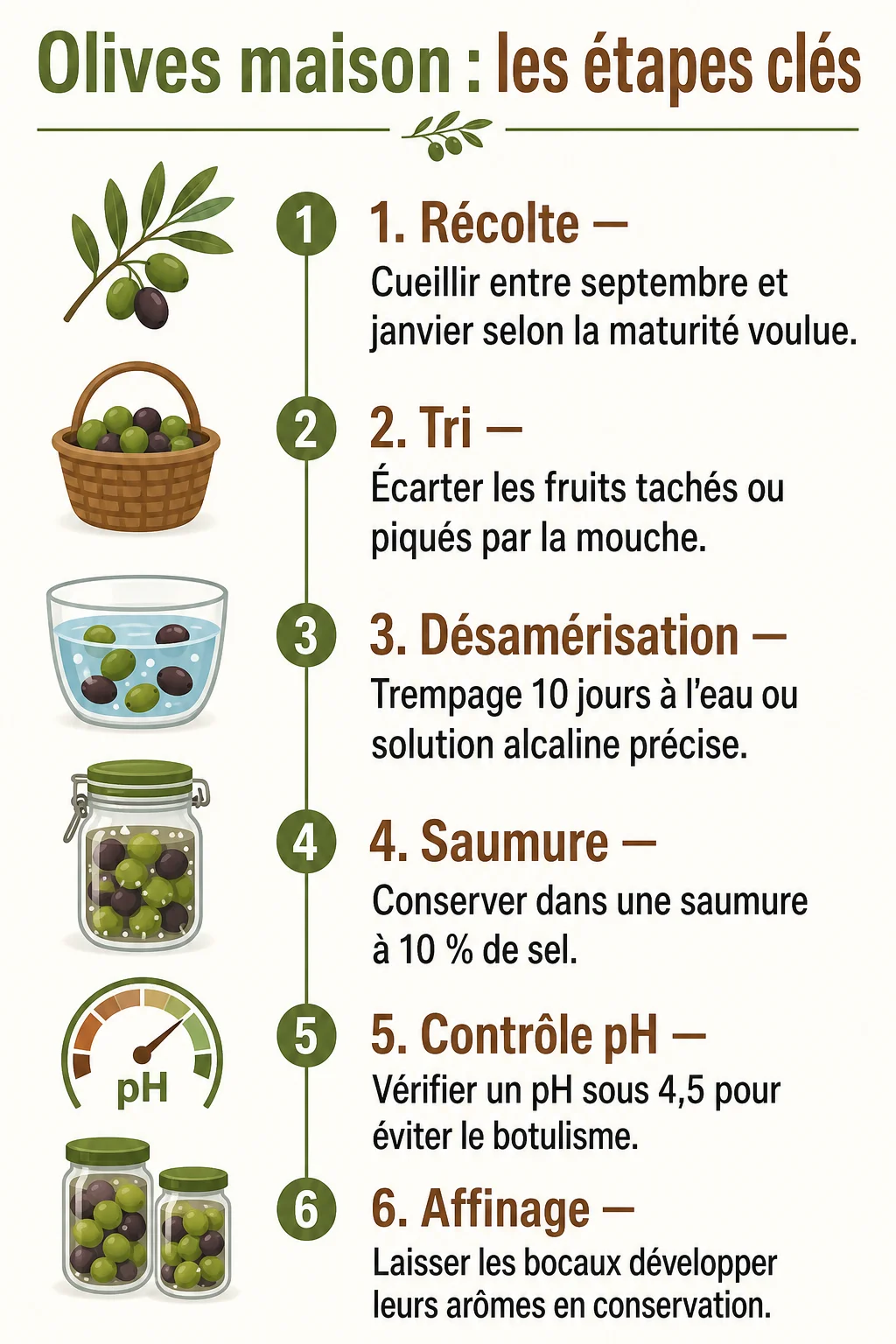Olives maison : les étapes clés : 1. Récolte, 2. Tri, 3. Désamérisation, 4. Saumure, 5. Contrôle pH, 6. Affinage
