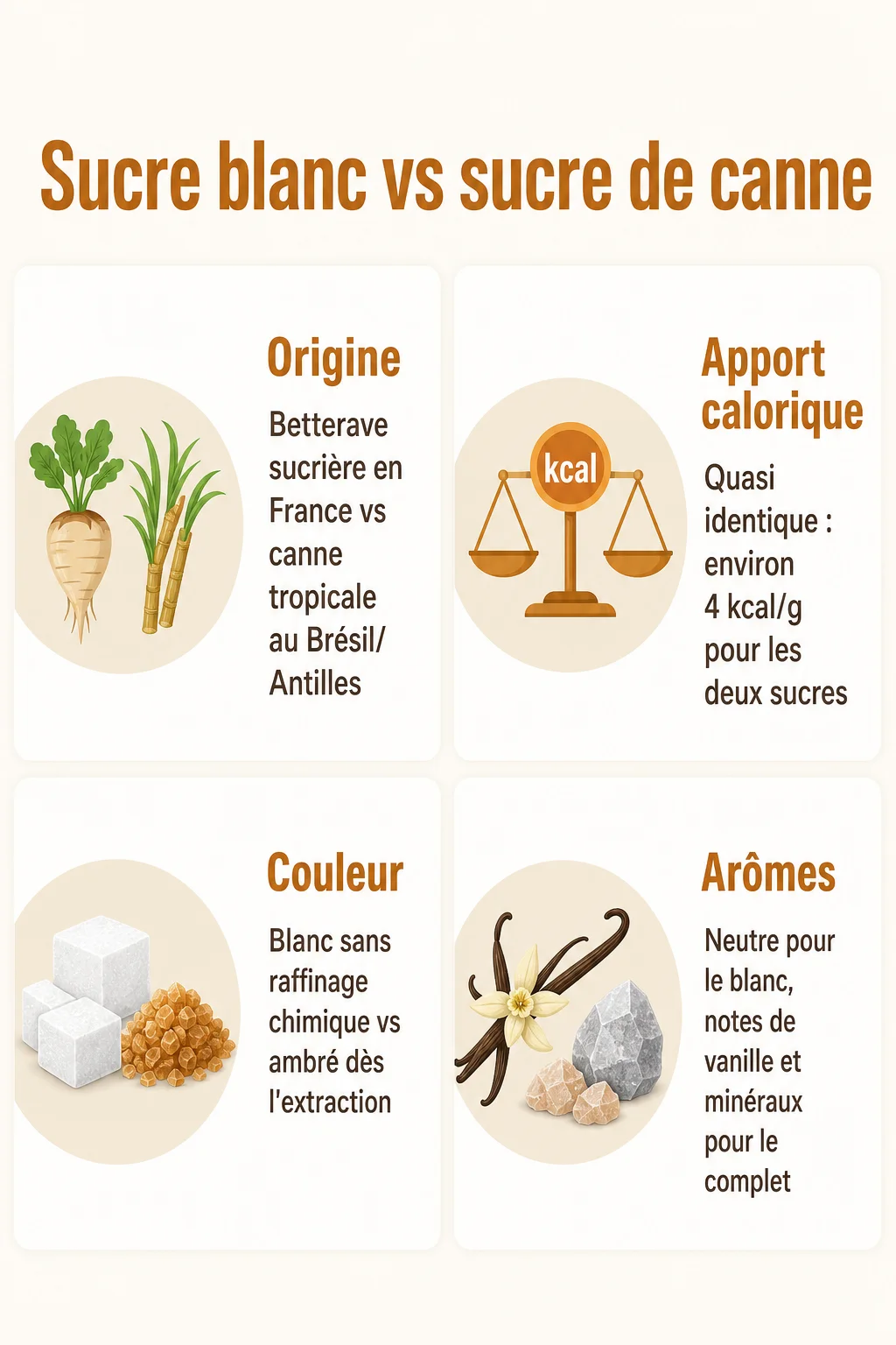 Sucre blanc vs sucre de canne : Origine, Apport calorique, Couleur, Arômes