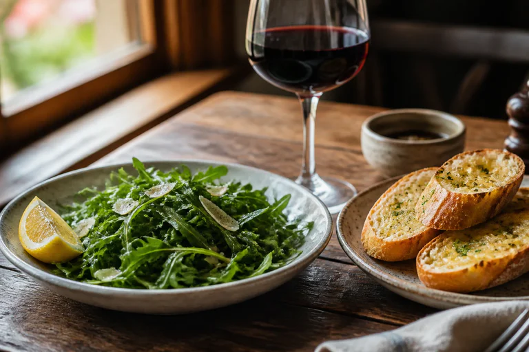 Salade de roquette, pain à l'ail et verre de vin rouge en accompagnement de lasagnes