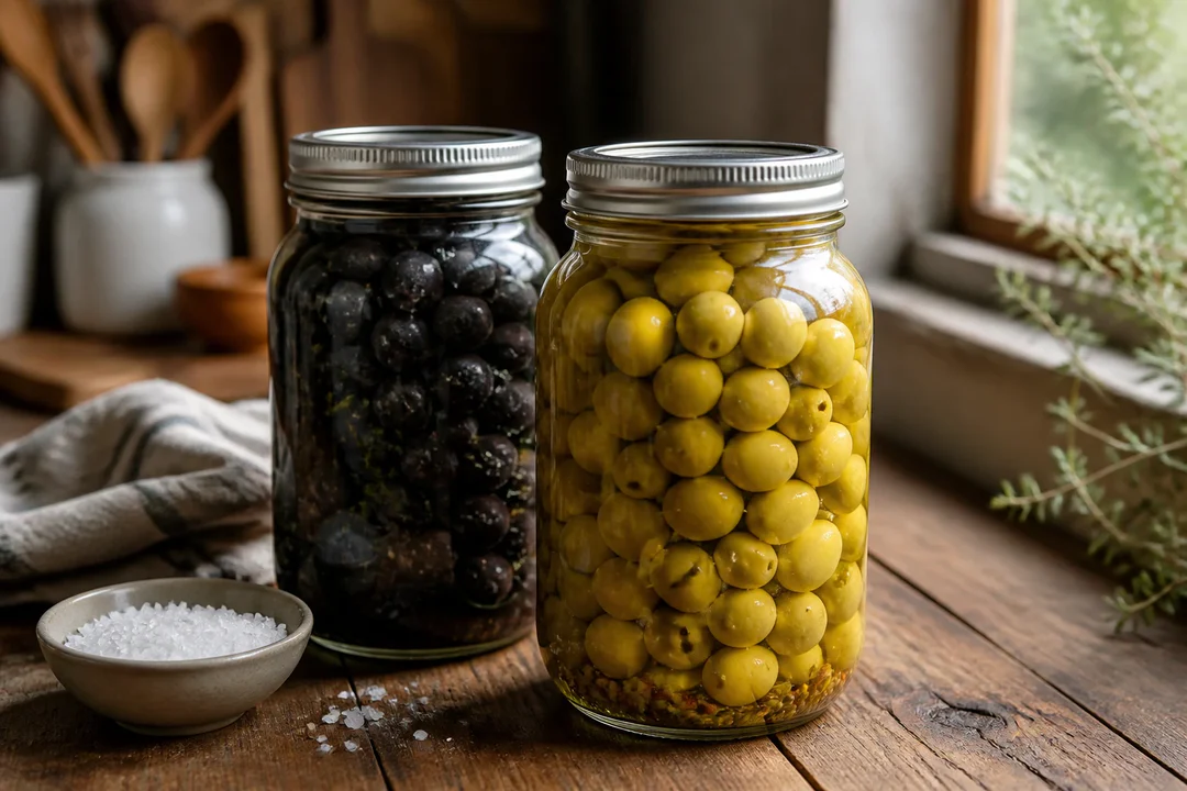 Bocaux d'olives maison en conservation dans une saumure au sel
