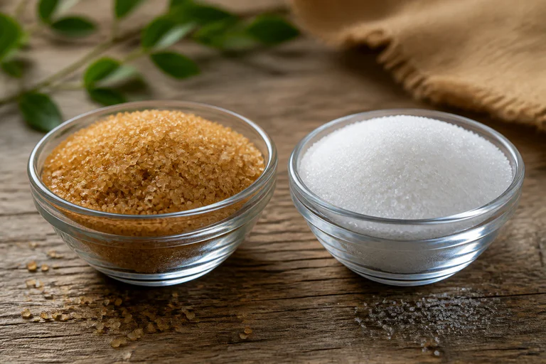 Comparaison visuelle entre sucre roux de canne et sucre blanc dans deux coupelles