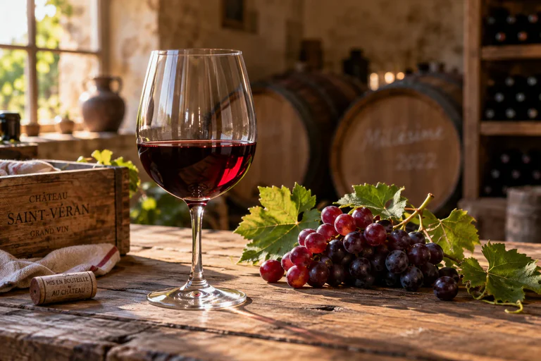 Verre de vin rouge sur table en bois avec grappe de raisin, lumière naturelle chaleureuse