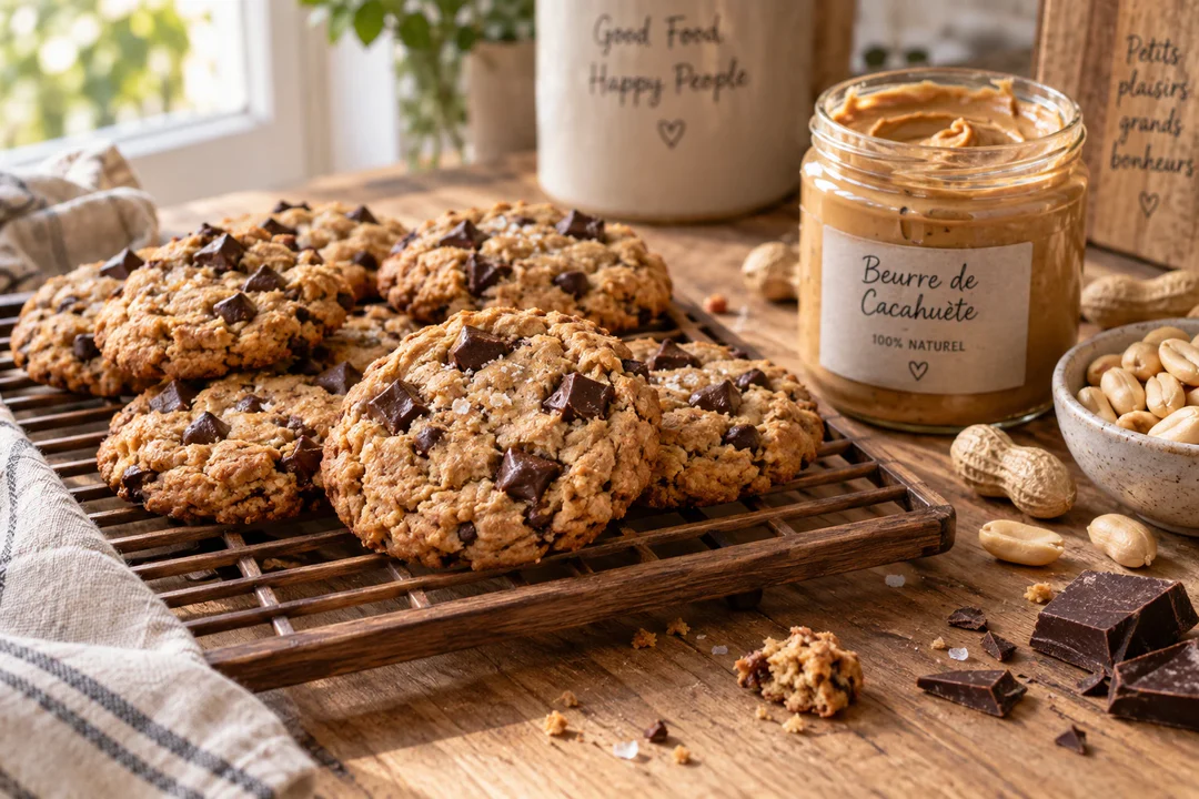 Cookies healthy au beurre de cacahuète et chocolat noir sur une grille, avec un pot de beurre de cacahuète