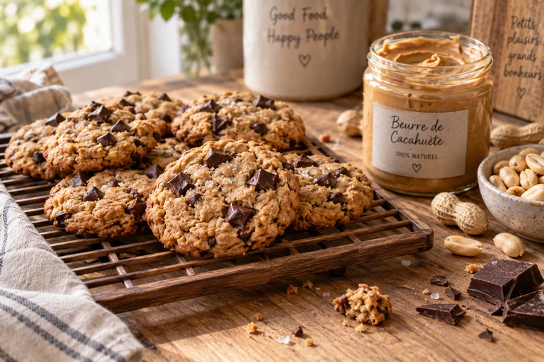 Cookies healthy au beurre de cacahuète et chocolat noir sur une grille, avec un pot de beurre de cacahuète