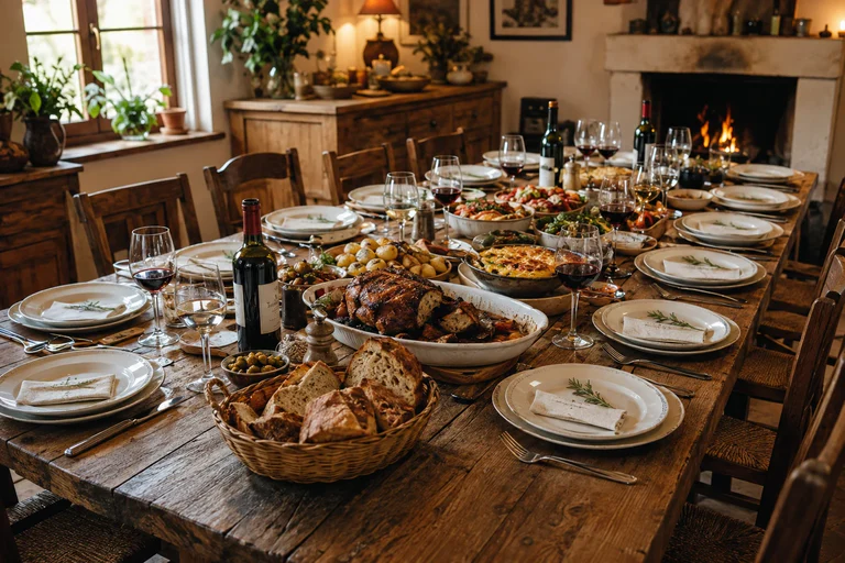 Table dressée avec plats généreux pour un repas convivial de dix personnes