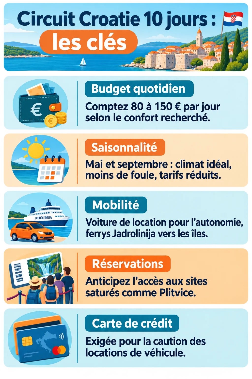 Circuit Croatie 10 jours : les clés : Budget quotidien, Saisonnalité, Mobilité, Réservations, Carte de crédit