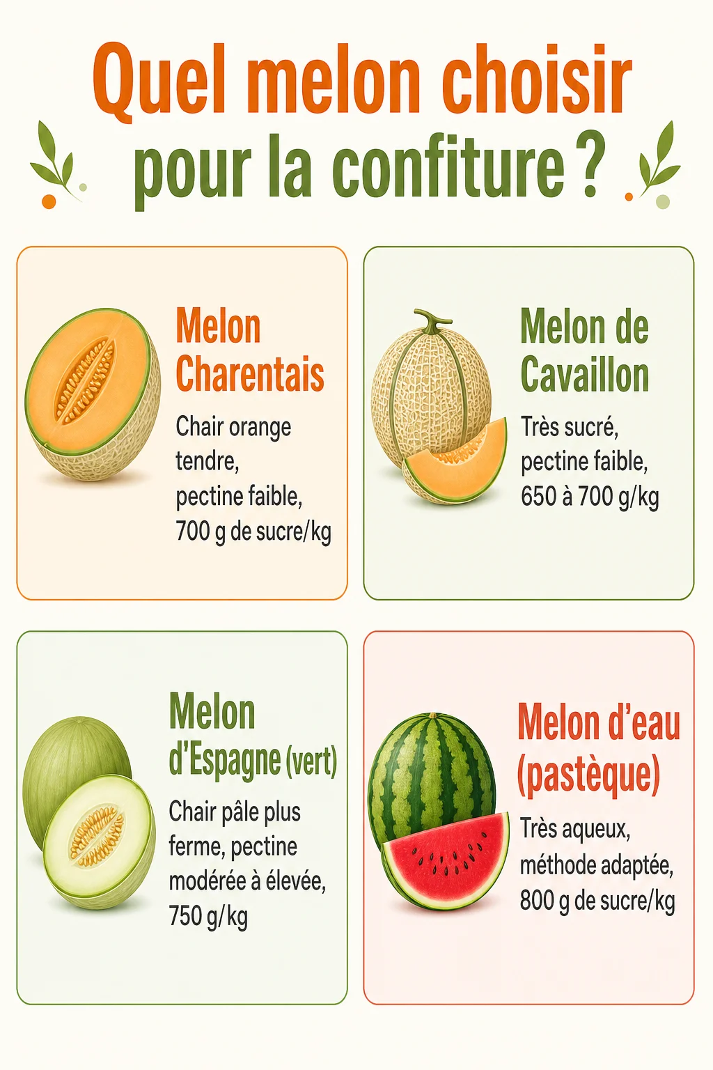 Quel melon choisir pour la confiture ? : Melon Charentais, Melon de Cavaillon, Melon d'Espagne (vert), Melon d'eau (pastèque)
