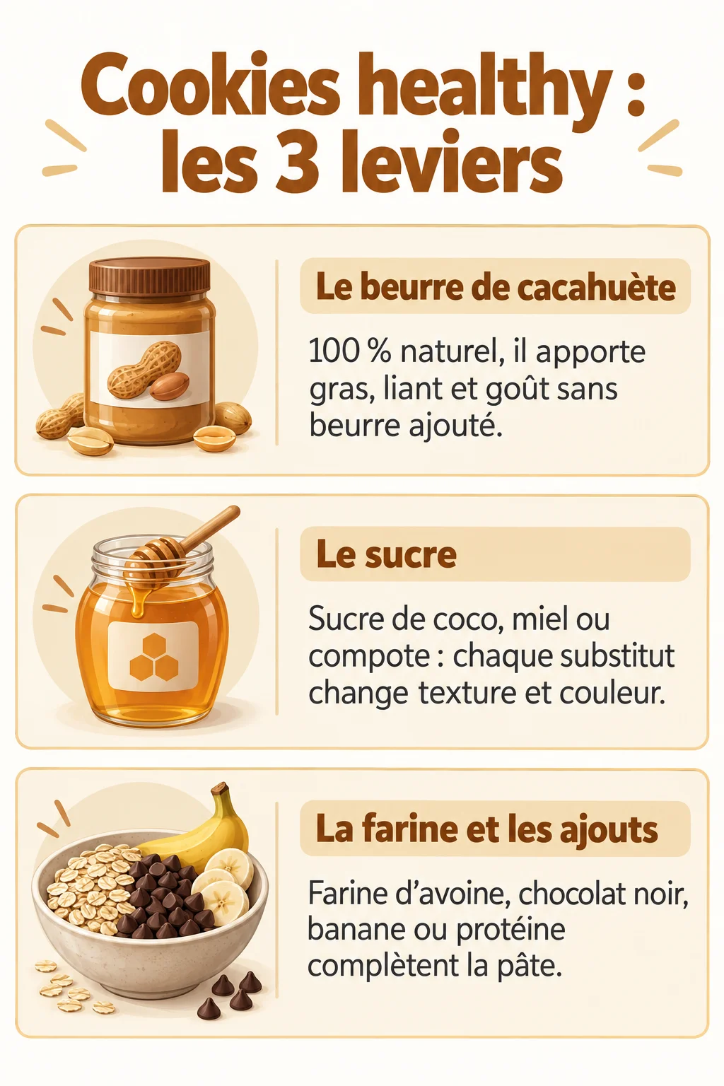 Cookies healthy : les 3 leviers : Le beurre de cacahuète, Le sucre, La farine et les ajouts