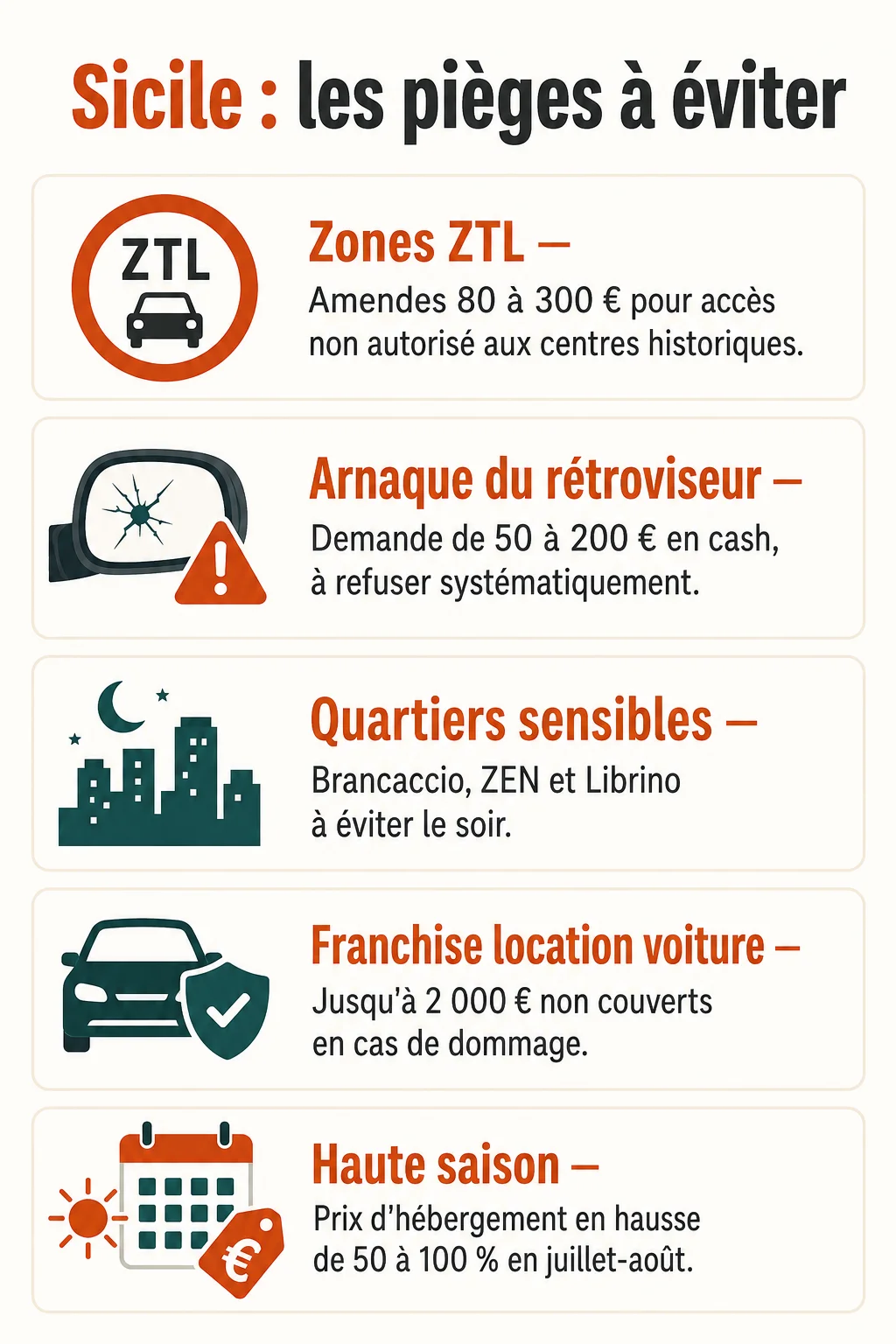 Sicile : les pièges à éviter : Zones ZTL, Arnaque du rétroviseur, Quartiers sensibles, Franchise location voiture, Haute saison