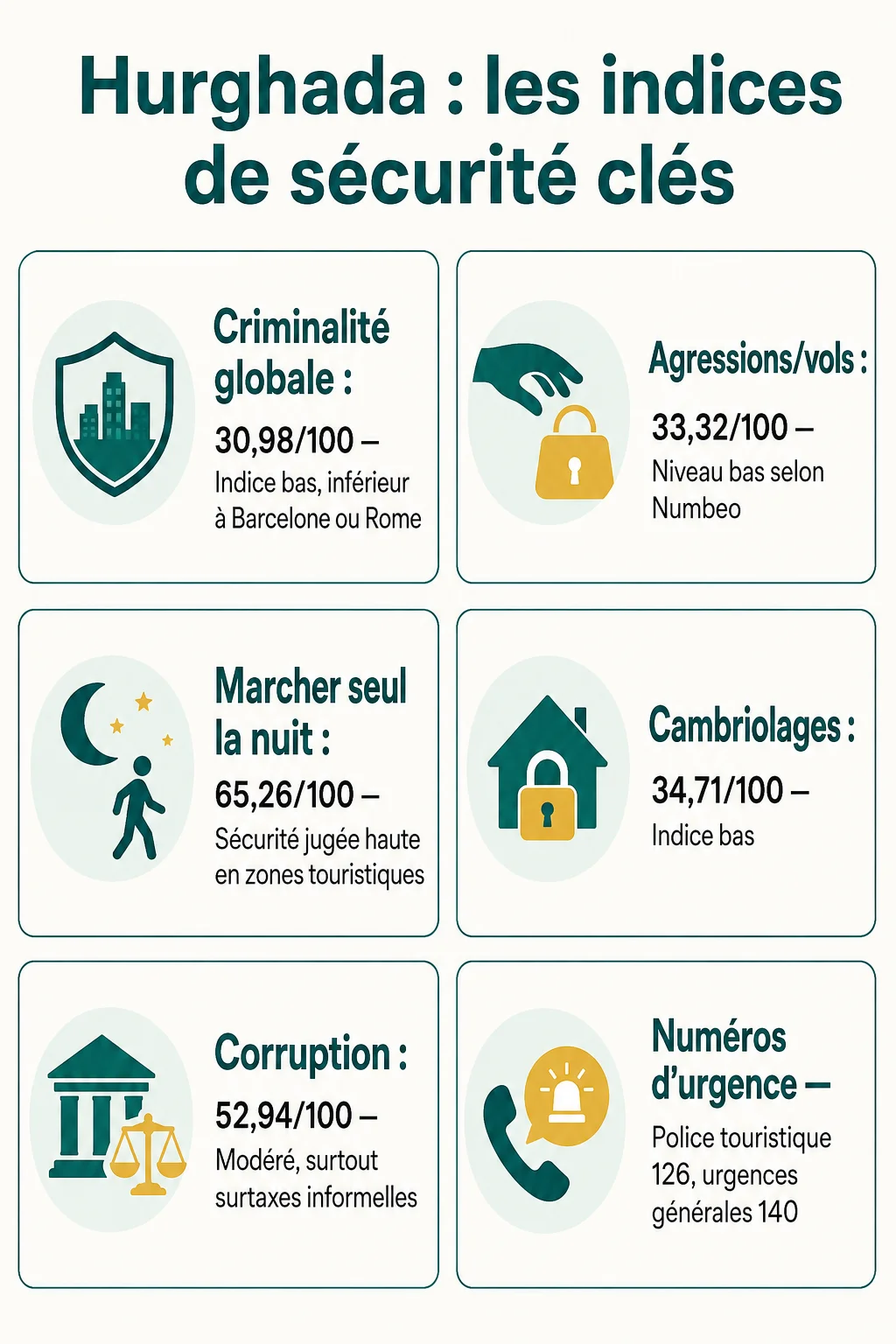 Hurghada : les indices de sécurité clés : Criminalité globale : 30,98/100, Agressions/vols : 33,32/100, Marcher seul la nuit : 65,26/100, Cambriolages : 34,71/100, Corruption : 52,94/100, Numéros d'urgence
