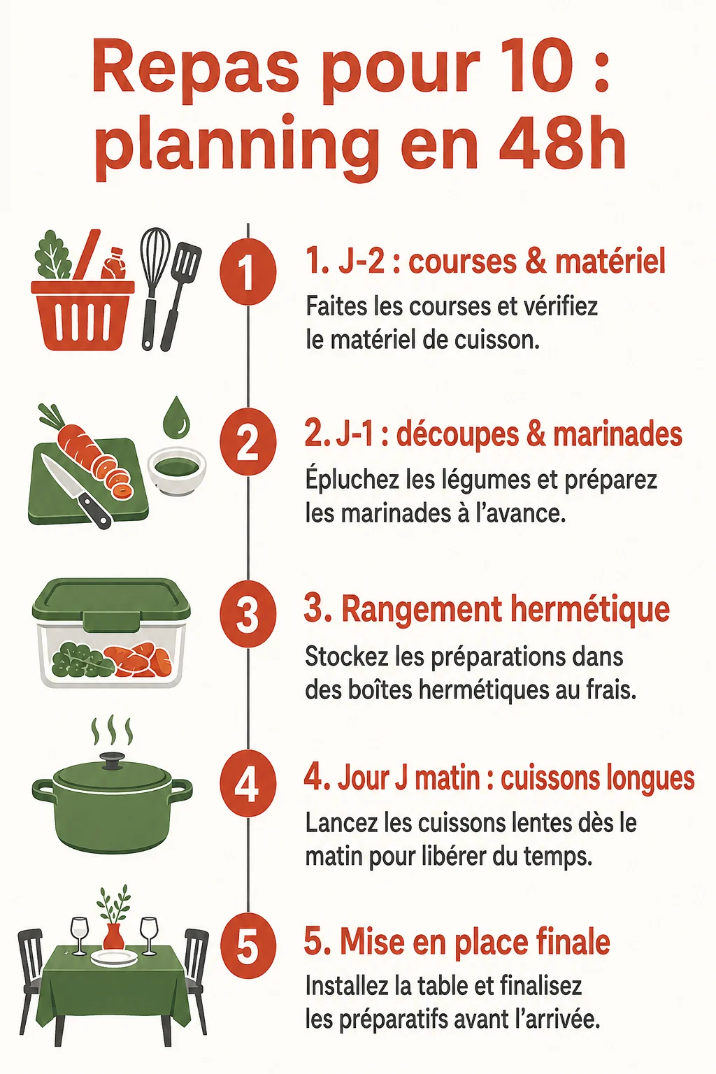 Repas pour 10 : planning en 48h : 1. J-2 : courses & matériel, 2. J-1 : découpes & marinades, 3. Rangement hermétique, 4. Jour J matin : cuissons longues, 5. Mise en place finale