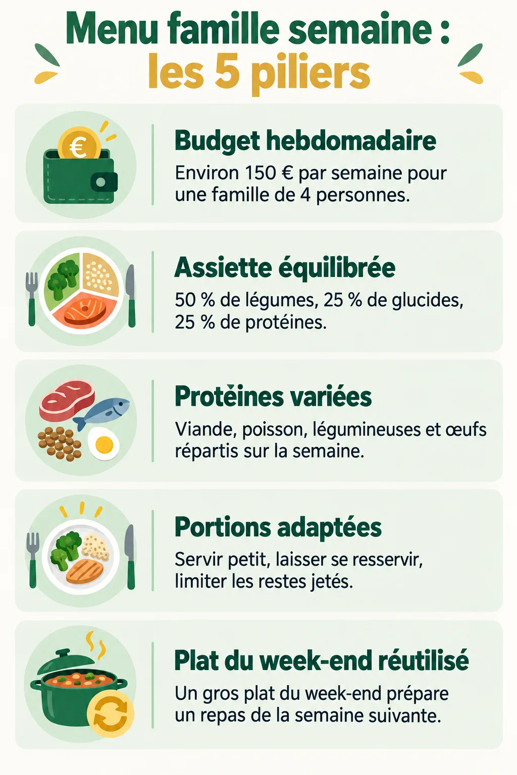 Menu famille semaine : les 5 piliers : Budget hebdomadaire, Assiette équilibrée, Protéines variées, Portions adaptées, Plat du week-end réutilisé