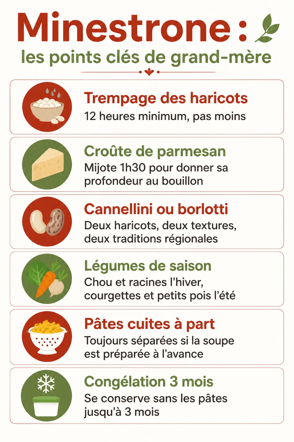 Minestrone : les points clés de grand-mère : Trempage des haricots, Croûte de parmesan, Cannellini ou borlotti, Légumes de saison, Pâtes cuites à part, Congélation 3 mois
