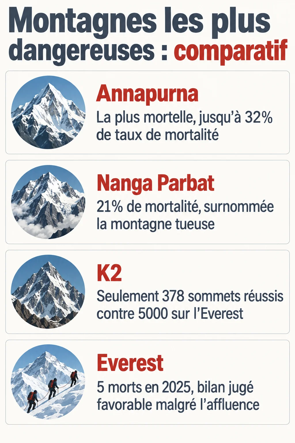 Montagnes les plus dangereuses : comparatif : Annapurna, Nanga Parbat, K2, Everest