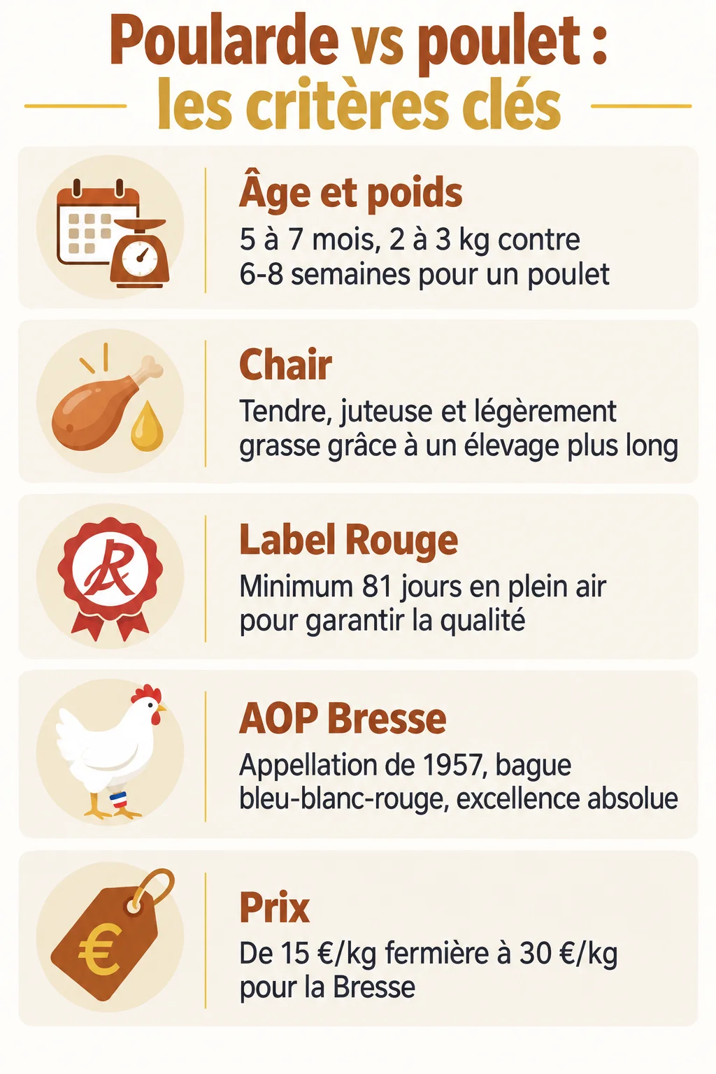 Poularde vs poulet : les critères clés : Âge et poids, Chair, Label Rouge, AOP Bresse, Prix