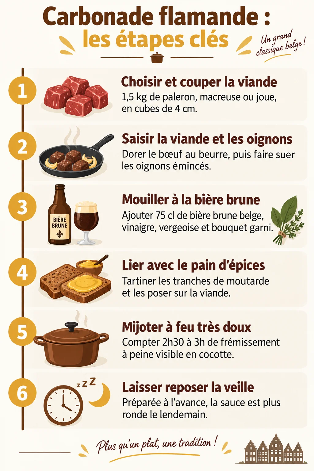 Carbonade flamande : les étapes clés : 1. Choisir et couper la viande, 2. Saisir la viande et les oignons, 3. Mouiller à la bière brune, 4. Lier avec le pain d'épices, 5. Mijoter à feu très doux, 6. Laisser reposer la veille