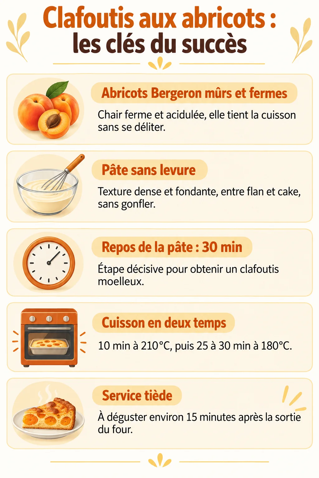 Clafoutis aux abricots : les clés du succès : Abricots Bergeron mûrs et fermes, Pâte sans levure, Repos de la pâte : 30 min, Cuisson en deux temps, Service tiède