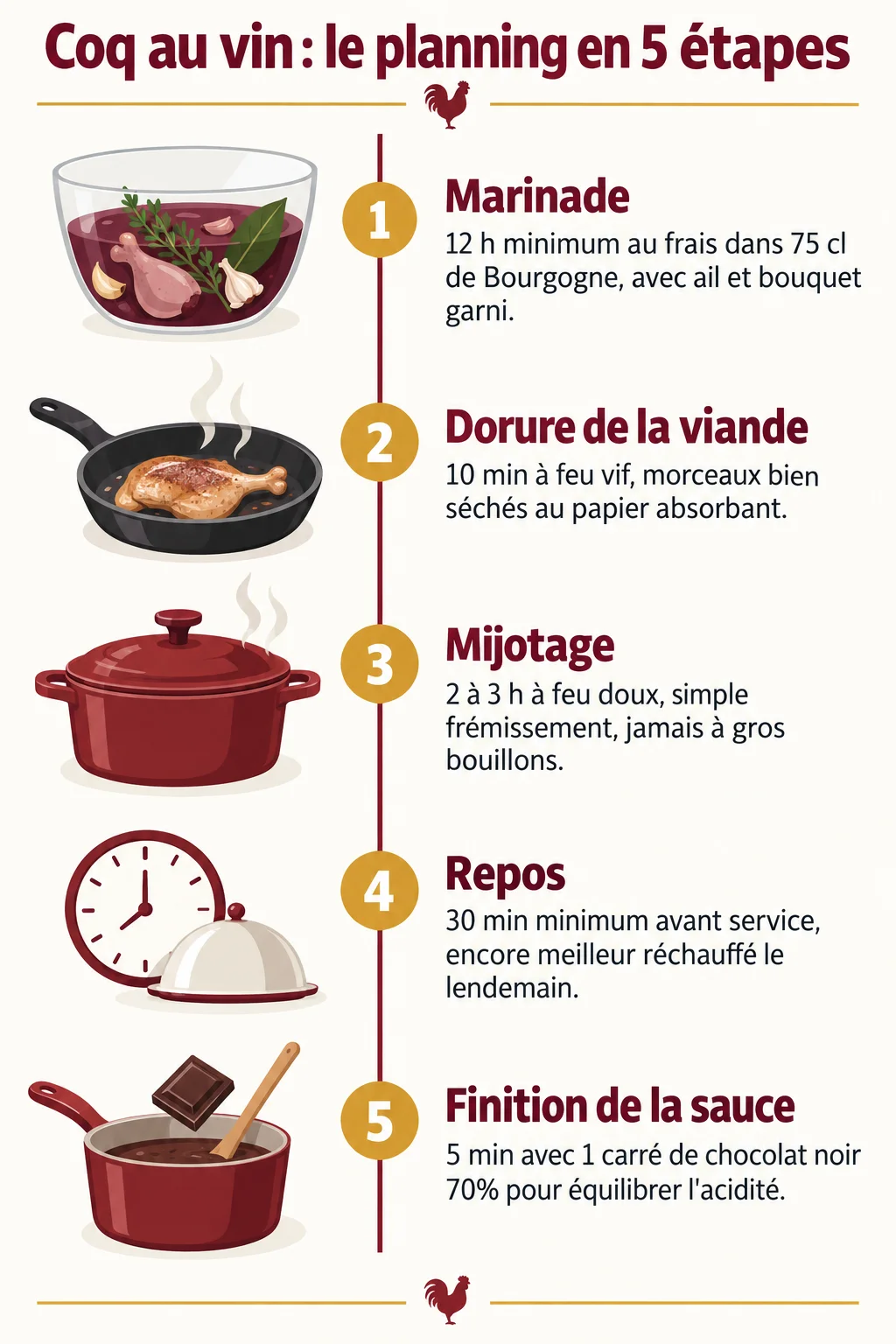 Coq au vin : le planning en 5 étapes : 1. Marinade, 2. Dorure de la viande, 3. Mijotage, 4. Repos, 5. Finition de la sauce