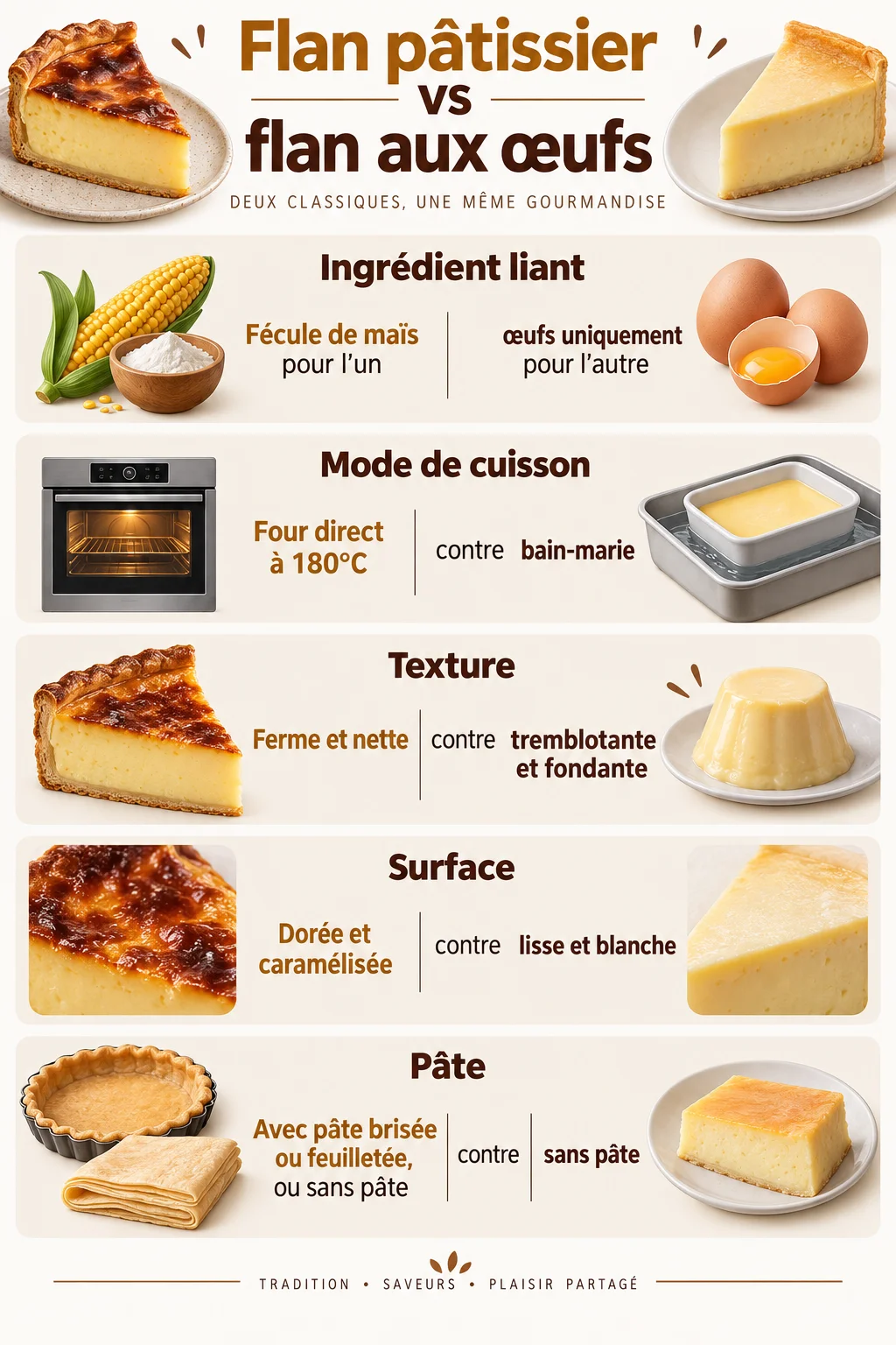 Flan pâtissier vs flan aux œufs : Ingrédient liant, Mode de cuisson, Texture, Surface, Pâte
