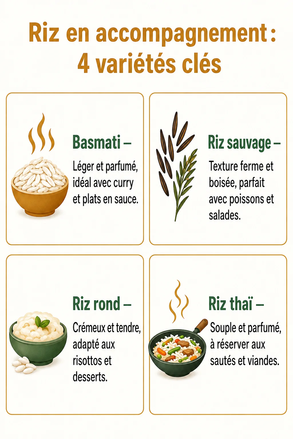 Riz en accompagnement : 4 variétés clés : Basmati, Riz sauvage, Riz rond, Riz thaï