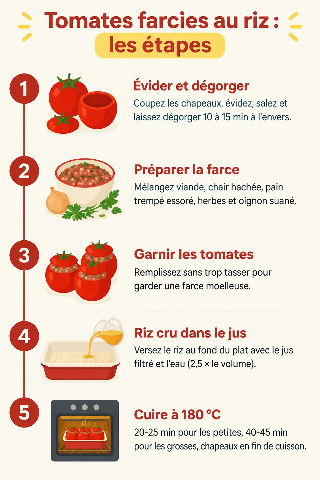 Tomates farcies au riz : les étapes : 1. Évider et dégorger, 2. Préparer la farce, 3. Garnir les tomates, 4. Riz cru dans le jus, 5. Cuire à 180 °C