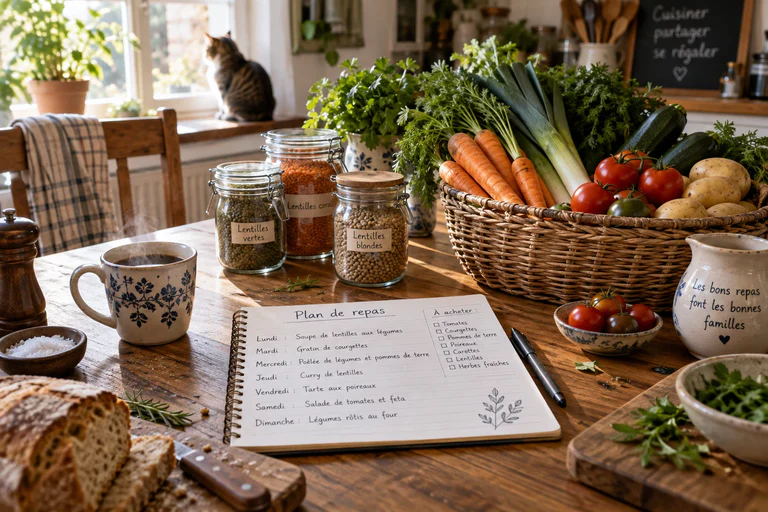 Planning de menu de la semaine sur une table de cuisine avec légumes de saison et bocaux