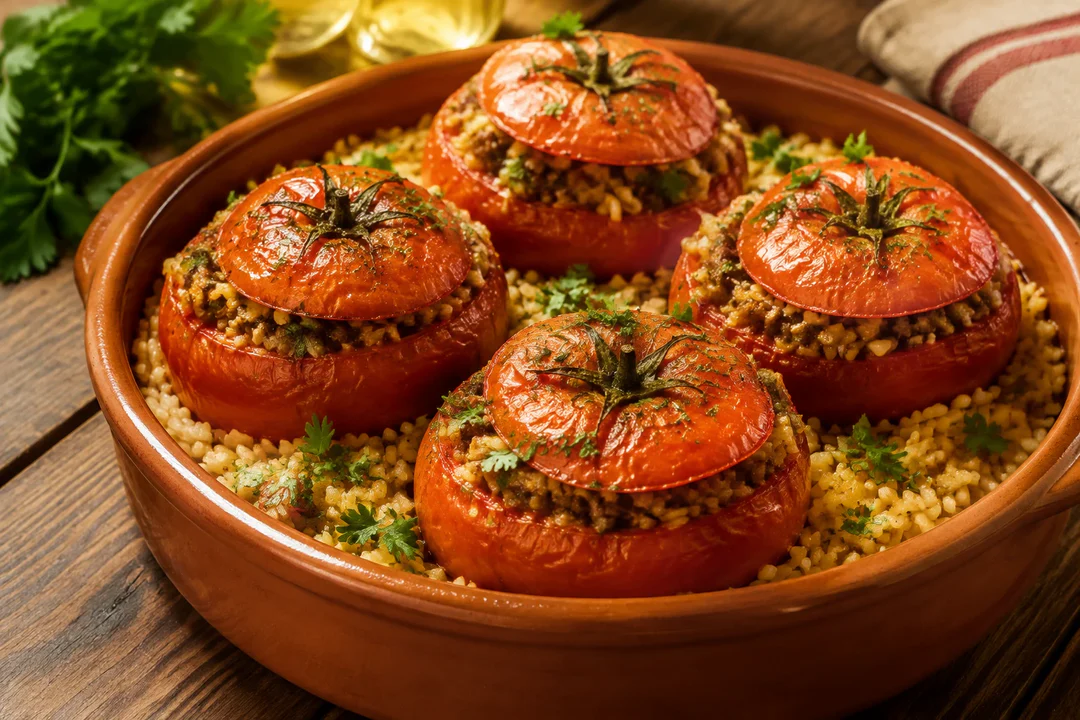 Plat de tomates farcies au riz dorées au four, chapeaux posés, sur une table en bois