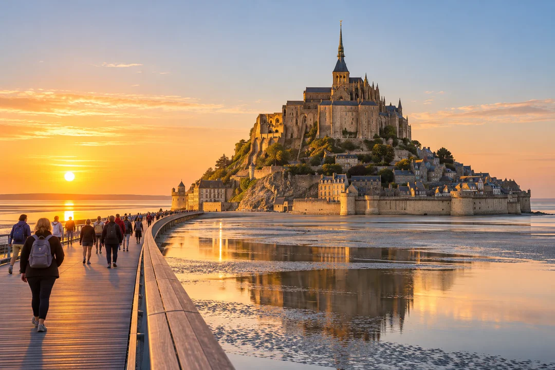 Visiteurs marchant sur la passerelle vers le Mont-Saint-Michel au lever du jour, dans la lumière dorée de la baie