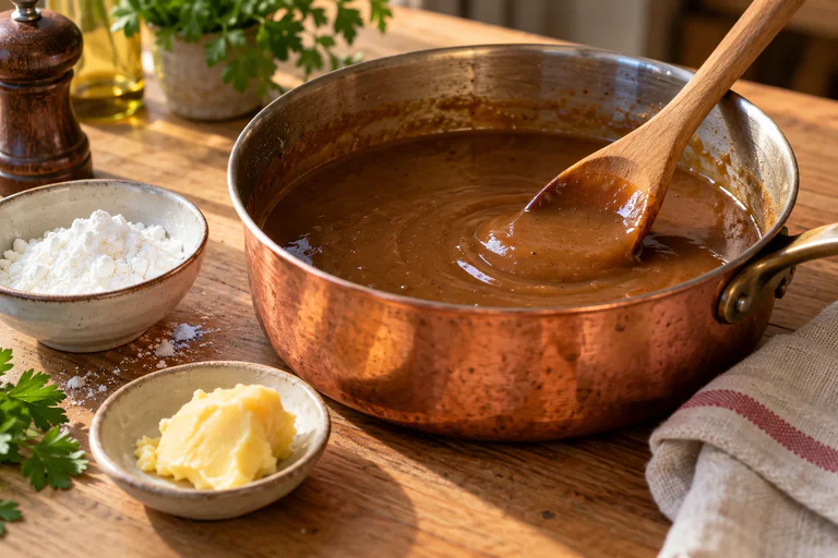 Sauce brune nappante remuée à la cuillère en bois dans une casserole, avec maïzena et beurre manié