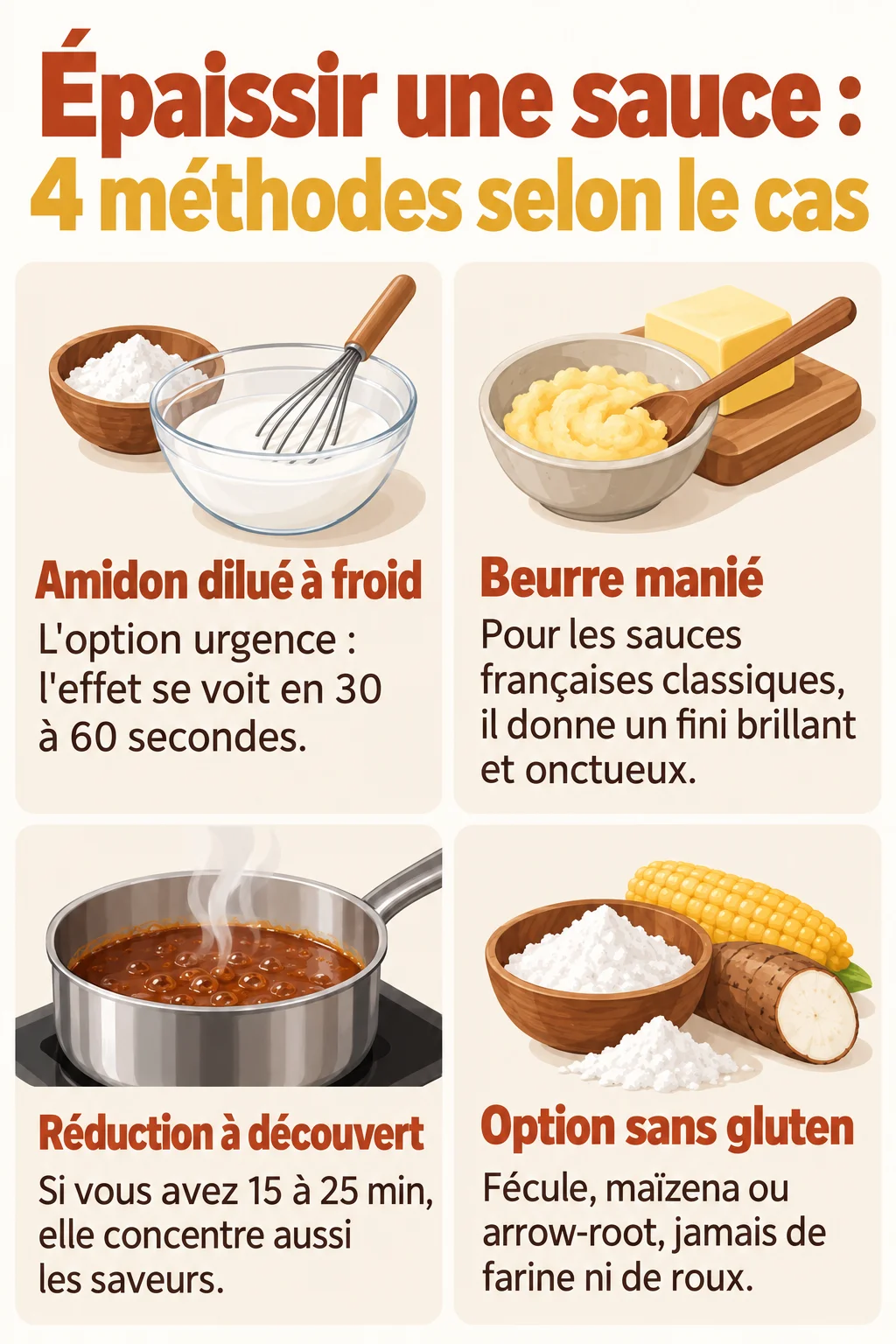 Épaissir une sauce : 4 méthodes selon le cas : Amidon dilué à froid, Beurre manié, Réduction à découvert, Option sans gluten