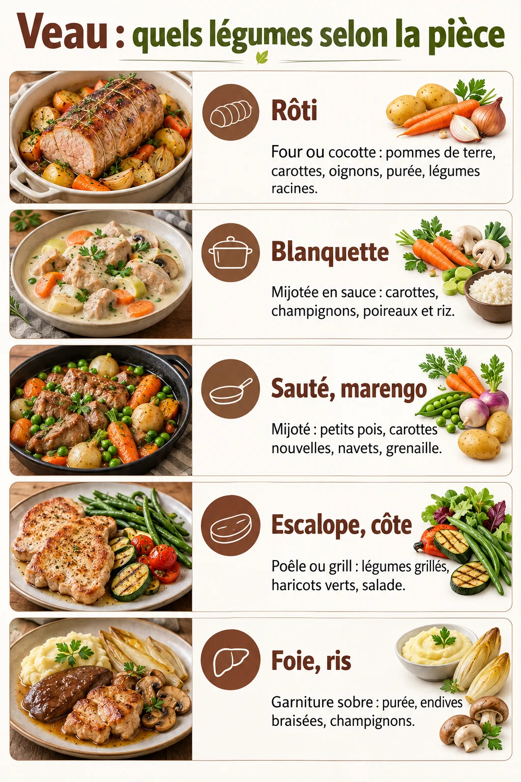 Veau : quels légumes selon la pièce : Rôti, Blanquette, Sauté, marengo, Escalope, côte, Foie, ris