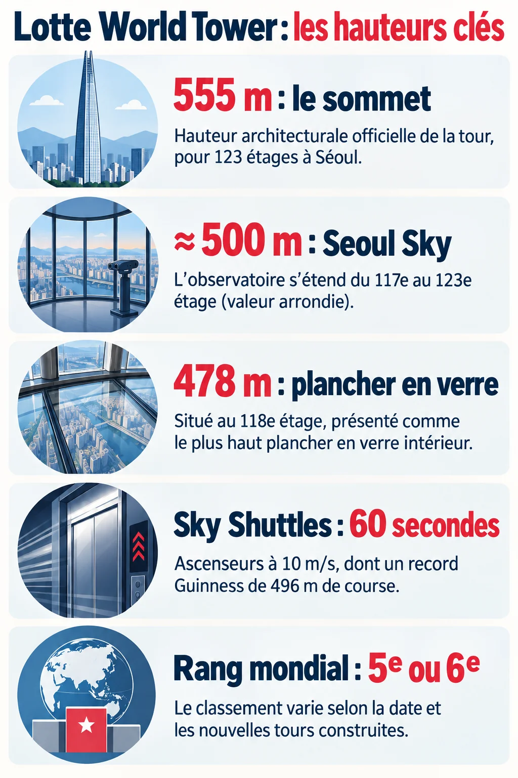 Lotte World Tower : les hauteurs clés : 555 m : le sommet, ≈ 500 m : Seoul Sky, 478 m : plancher en verre, Sky Shuttles : 60 secondes, Rang mondial : 5e ou 6e