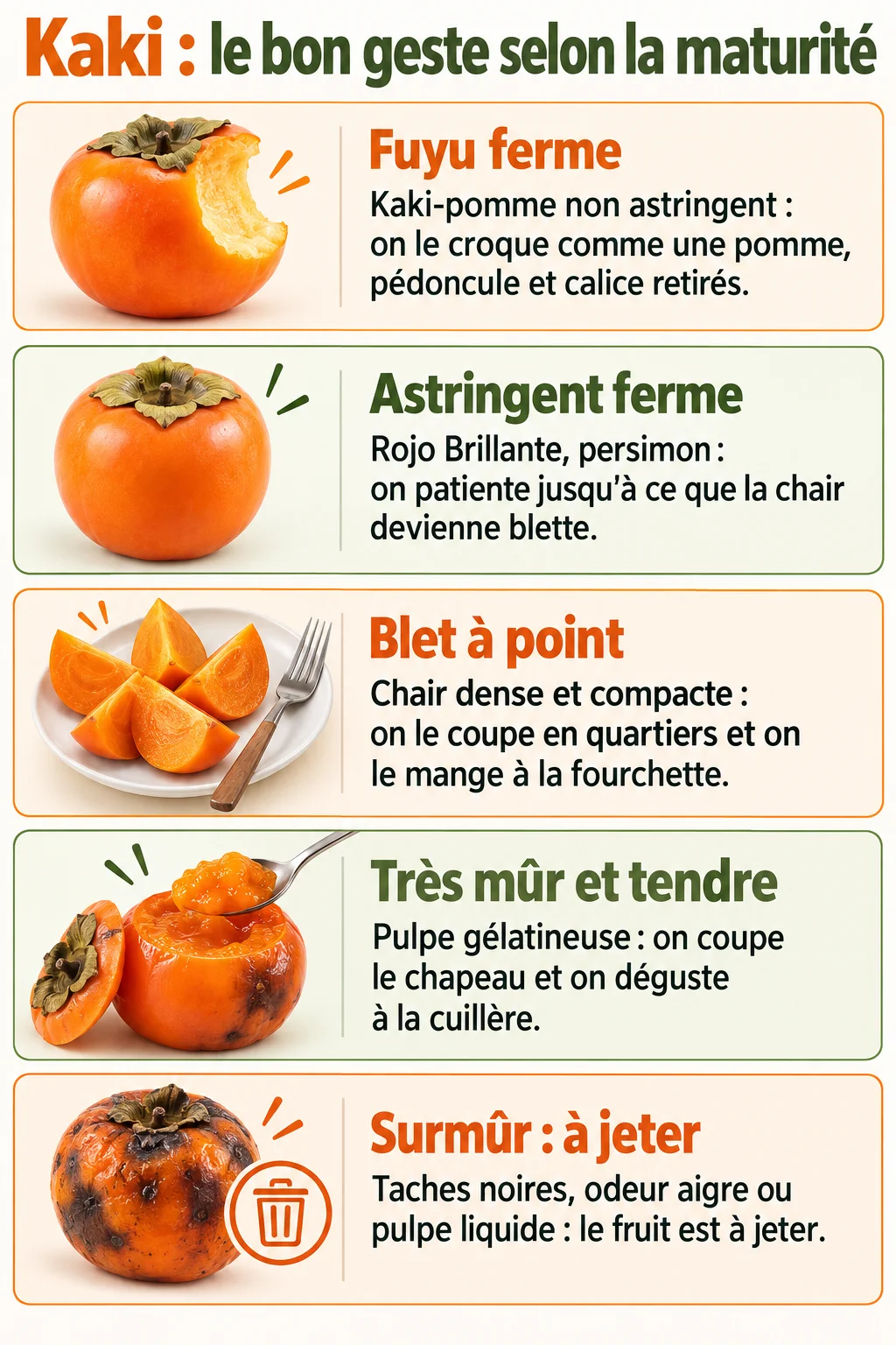 Kaki : le bon geste selon la maturité : Fuyu ferme, Astringent ferme, Blet à point, Très mûr et tendre, Surmûr : à jeter