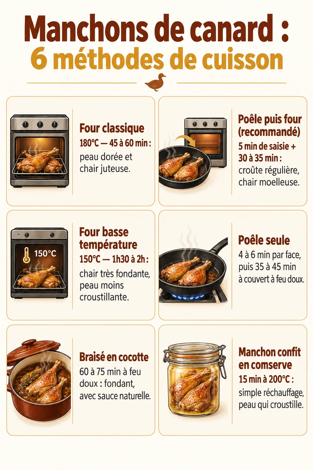 Manchons de canard : 6 méthodes de cuisson : Four classique 180°C, Poêle puis four (recommandé), Four basse température 150°C, Poêle seule, Braisé en cocotte, Manchon confit en conserve
