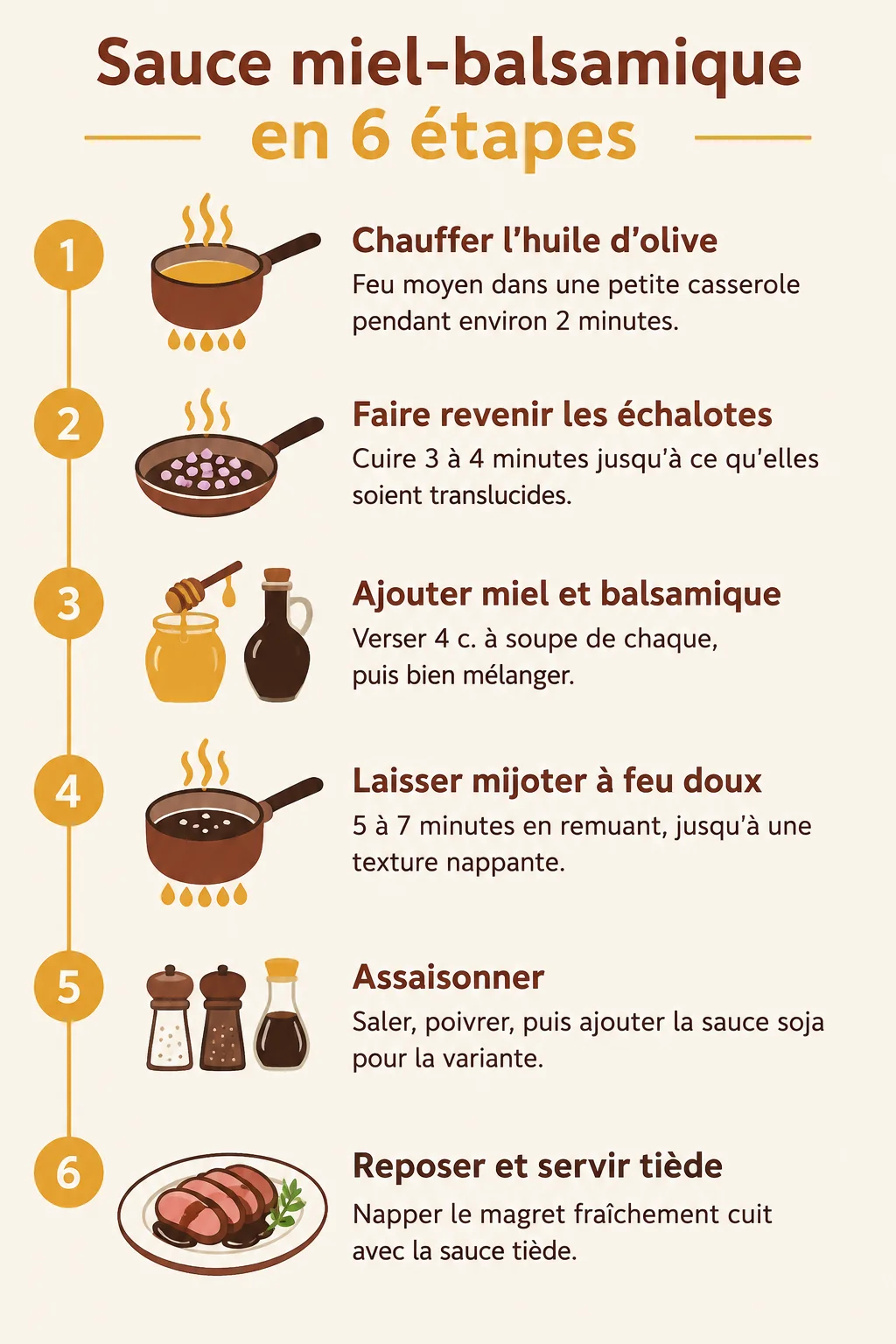 Sauce miel-balsamique en 6 étapes : 1. Chauffer l'huile d'olive, 2. Faire revenir les échalotes, 3. Ajouter miel et balsamique, 4. Laisser mijoter à feu doux, 5. Assaisonner, 6. Reposer et servir tiède