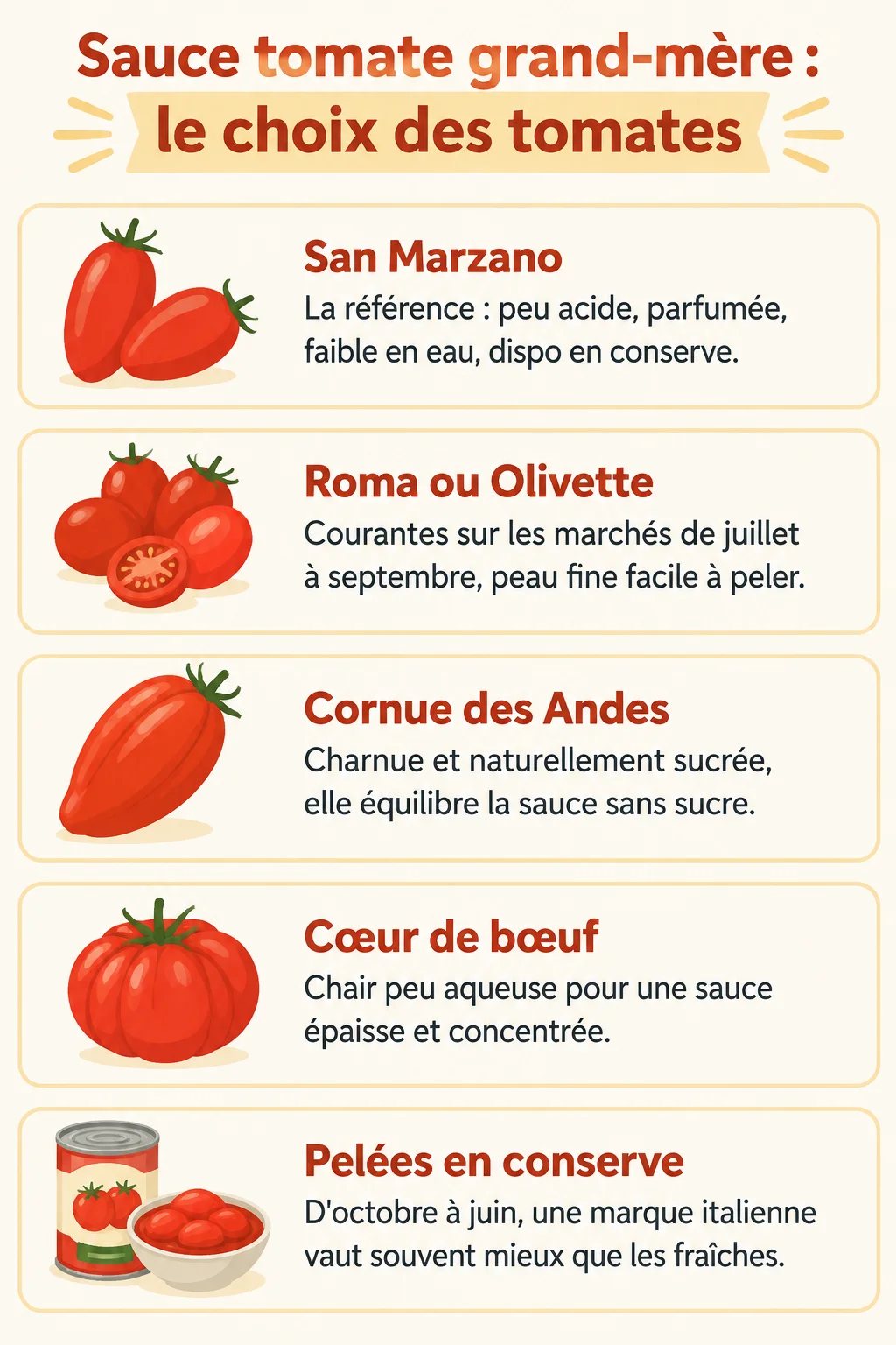 Sauce tomate grand-mère : le choix des tomates : San Marzano, Roma ou Olivette, Cornue des Andes, Cœur de bœuf, Pelées en conserve