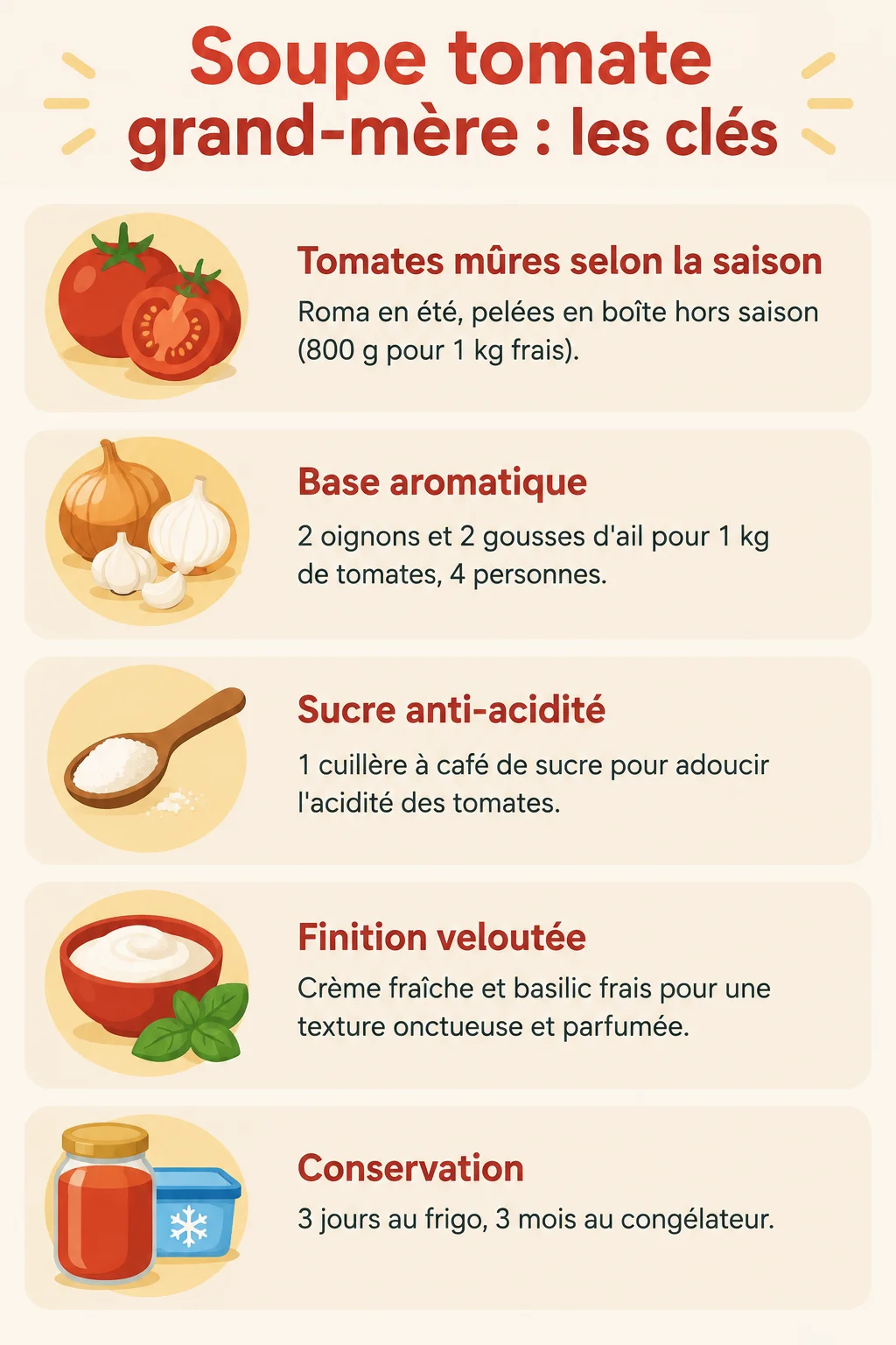 Soupe tomate grand-mère : les clés : Tomates mûres selon la saison, Base aromatique, Sucre anti-acidité, Finition veloutée, Conservation
