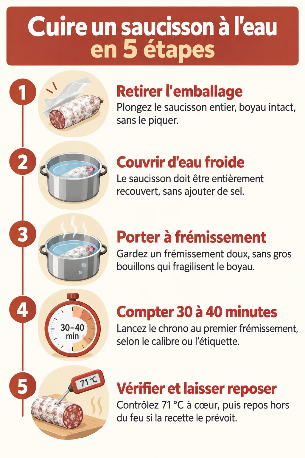 Cuire un saucisson à l'eau en 5 étapes : 1. Retirer l'emballage, 2. Couvrir d'eau froide, 3. Porter à frémissement, 4. Compter 30 à 40 minutes, 5. Vérifier et laisser reposer