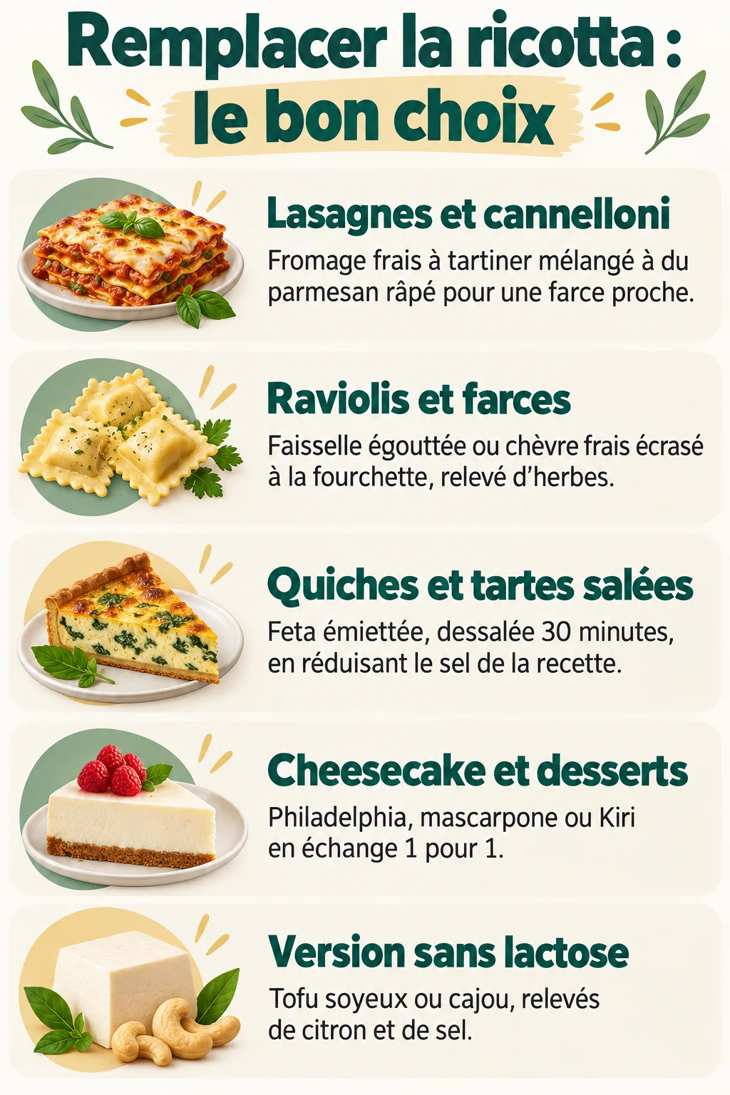 Remplacer la ricotta : le bon choix : Lasagnes et cannelloni, Raviolis et farces, Quiches et tartes salées, Cheesecake et desserts, Version sans lactose