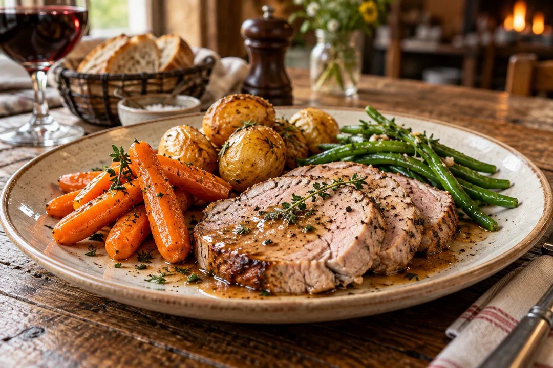 Rôti de veau tranché servi avec carottes, grenaille rôties et haricots verts sur une table en bois