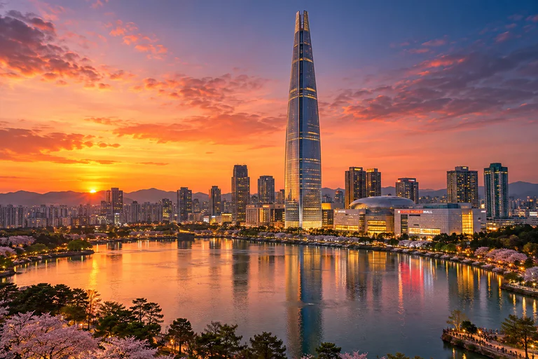 La Lotte World Tower, plus haute tour de Corée du Sud, se dressant au-dessus de Séoul au coucher du soleil