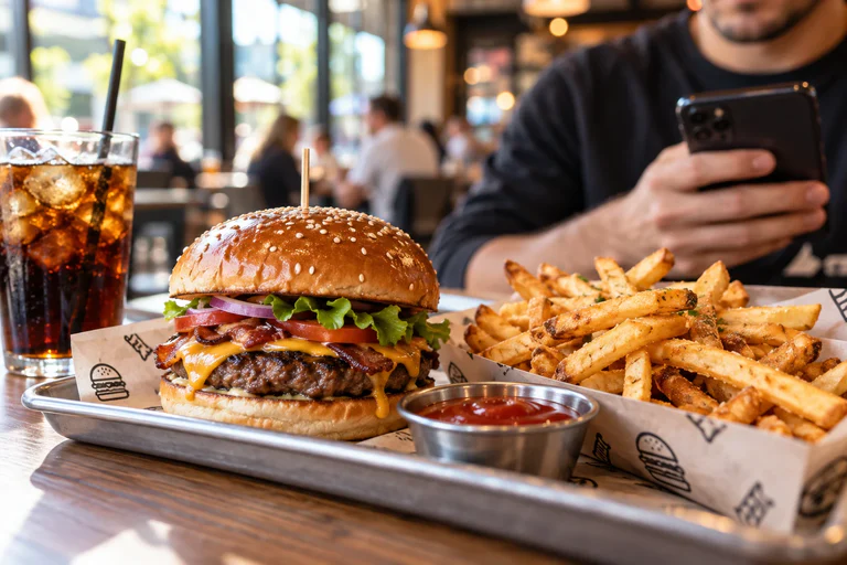 Plateau de burger et frites dans un restaurant rapide, client consultant son téléphone