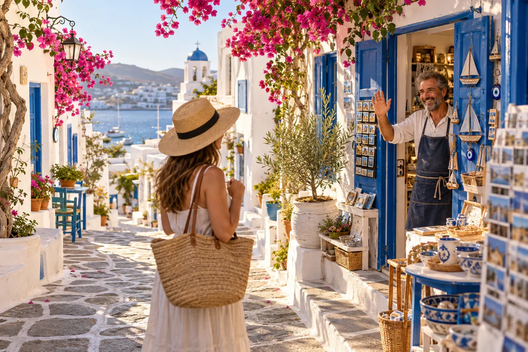 Commerçant grec saluant une voyageuse dans une ruelle ensoleillée d'un village blanc et bleu