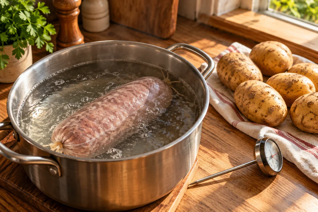 Saucisson à cuire qui frémit dans une casserole, avec pommes de terre et thermomètre de cuisine