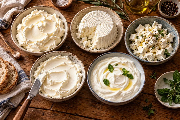 Bols de substituts de ricotta : mascarpone, faisselle, feta et fromage frais sur une table en bois